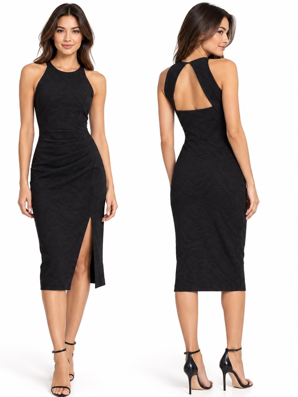 NWT Chiara Boni Rocca Black Lace Textured Cutout Midi Dress Size L